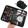 A black portable multi-function sewing kit is shown open, displaying various threads, needles, and tools.