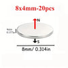 A round, silver magnetic sticker measuring 4mm in diameter and 8mm in diameter, shown with North and South indicators.