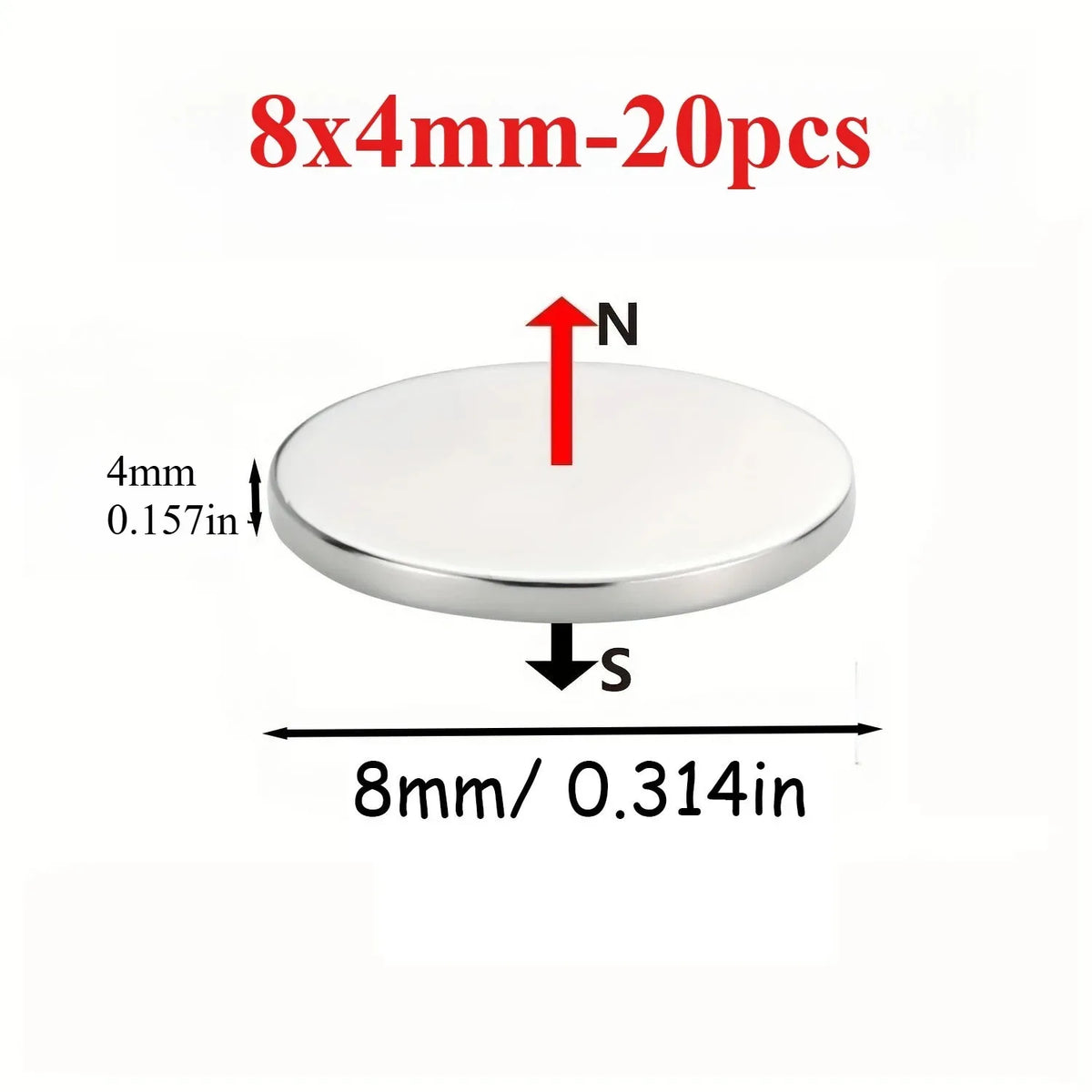 A round, silver magnetic sticker measuring 4mm in diameter and 8mm in diameter, shown with North and South indicators.