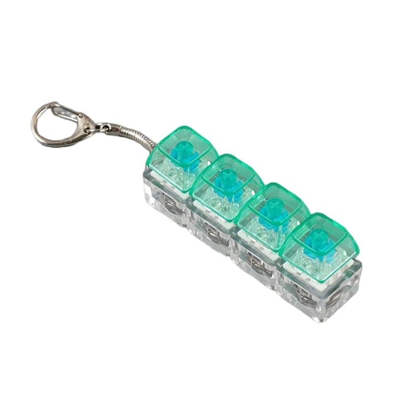 A clear plastic keychain featuring multiple green LED lights and a metal loop.