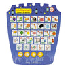 A purple learning pad with letters and words in both English and Arabic for children