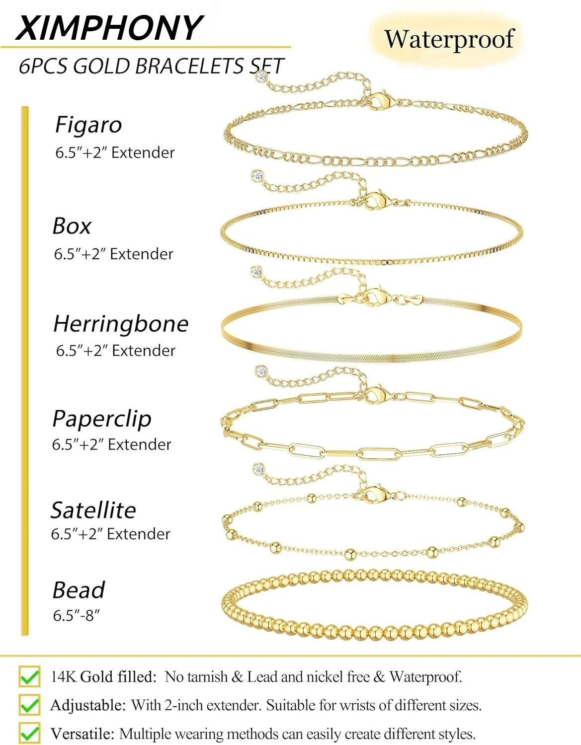 A set of six gold bracelets including Figaro, Box, Herringbone, Paperclip, Satellite, and Bead styles.