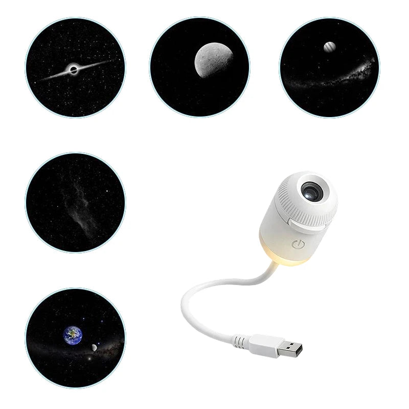 A mini galaxy star projector night light with three rotating spheres shown in various views.