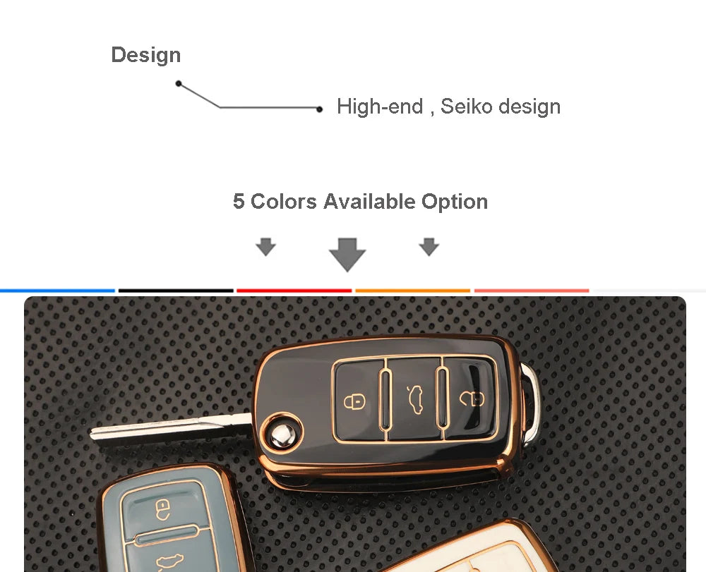 A close-up view of a brown TPU silicone car key case with a key inserted, displayed on a black textured surface.