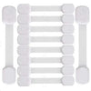 A set of white adjustable baby safety locks for cabinets, drawers, and fridges.