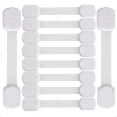 A set of white adjustable baby safety locks for cabinets, drawers, and fridges.