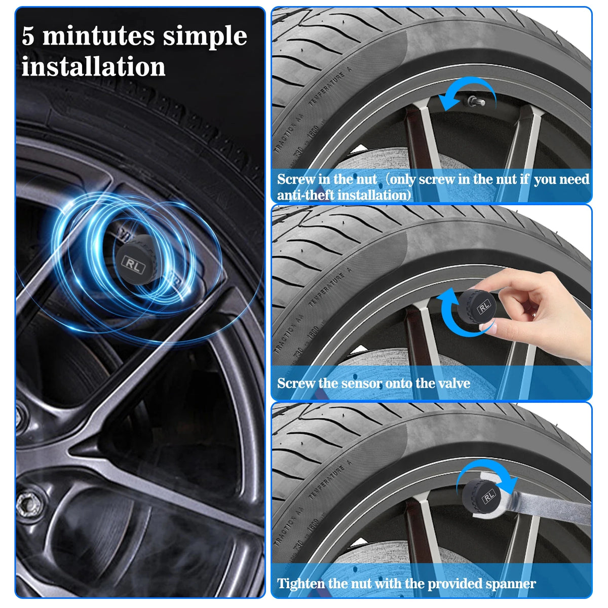 Installation guide showing how to install a tire pressure monitoring system on a wheel rim.