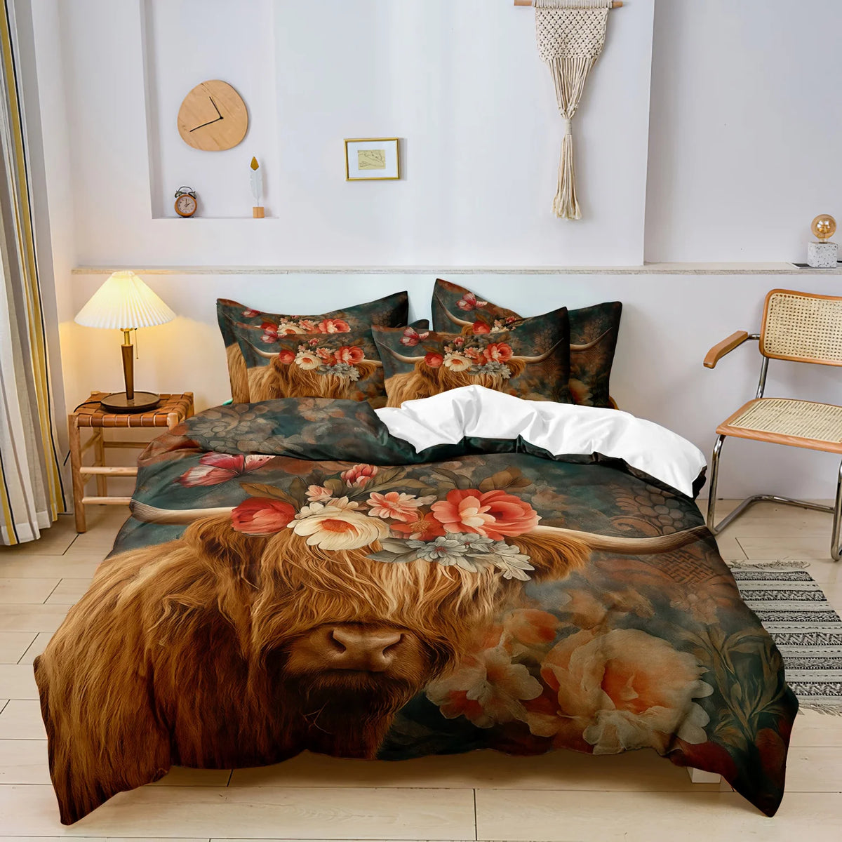 Highland cow print bedding set featuring a large head design with floral patterns and dark green tones.
