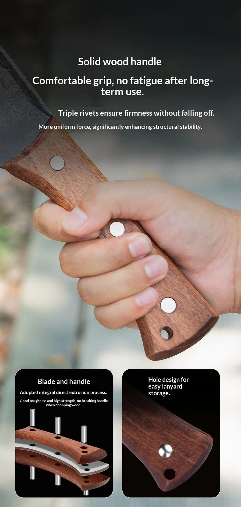 A hand holds a solid wood handle of a splitting axe, showing the grip and rivets for structural stability.