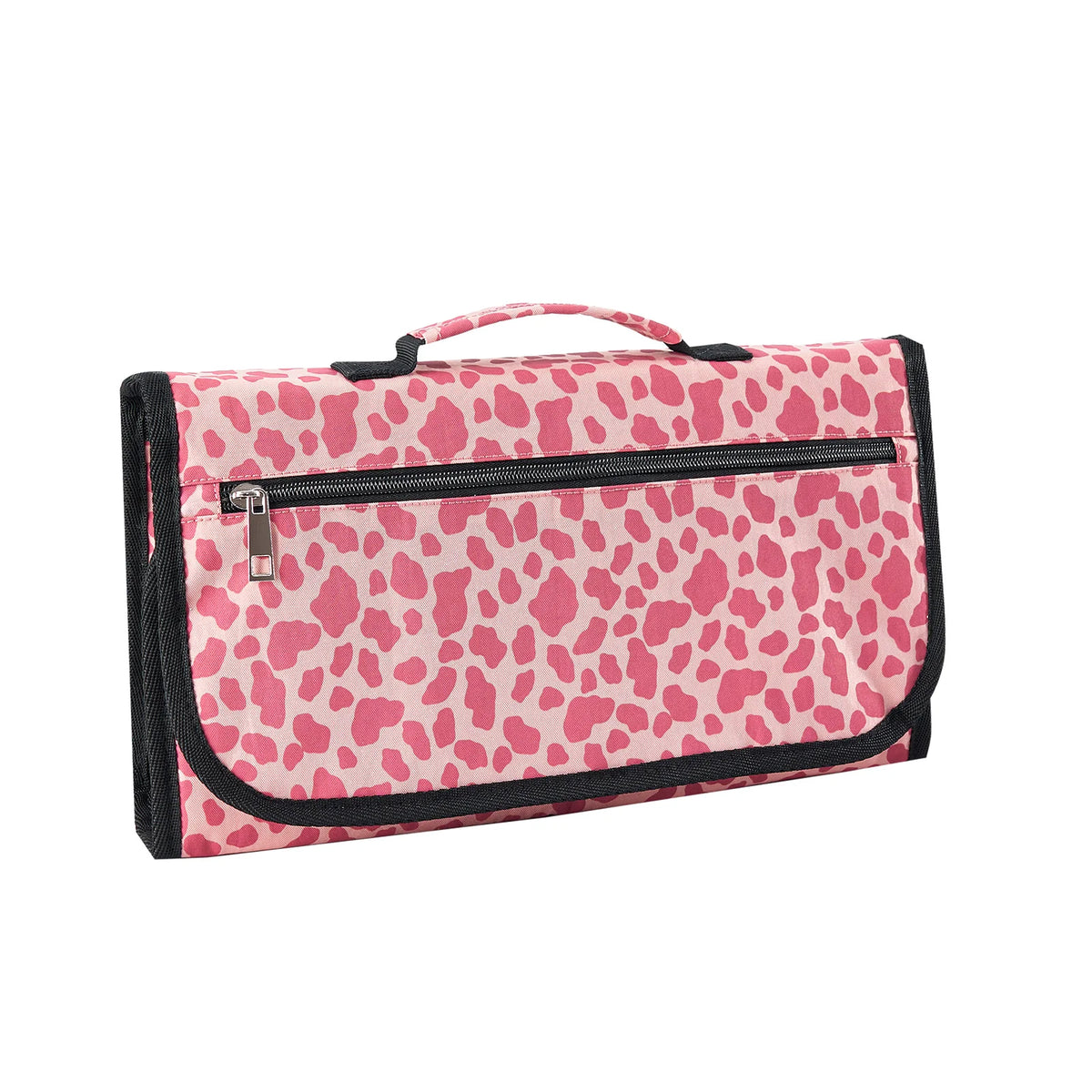 A pink and black leopard print foldable waterproof baby changing pad with a carrying handle.