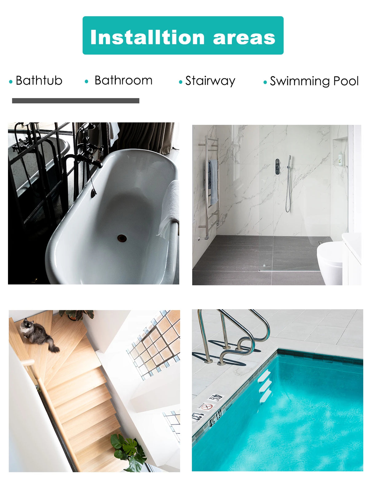 Installation areas include bathtub, bathroom, stairway, and swimming pool.