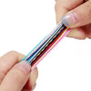 A hand is holding a thin strip of multicolored nylon macramé cord for jewelry making.