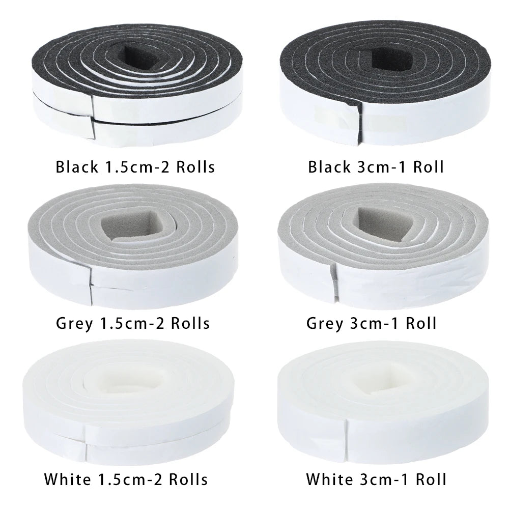 Rollos de cinta de sellado autoadhesiva de espuma resistente a la intemperie en negro, gris y blanco.