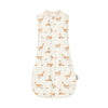 A cream-colored baby sleep sack featuring a repeating pattern of small orange and brown animal silhouettes.