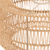 A close-up of a woven paper rope lampshade with fringe, made from natural beige material.
