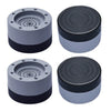 Two sets of anti-vibration silicone pads for washing machines, dryers, and furniture, shown in light gray and black.