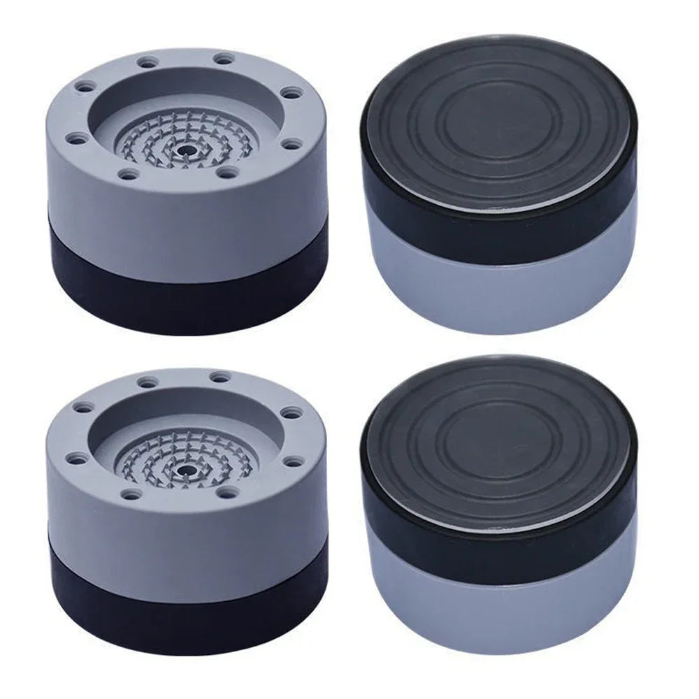 Two sets of anti-vibration silicone pads for washing machines, dryers, and furniture, shown in light gray and black.