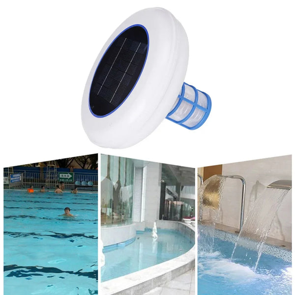 Purificateur de piscine solaire blanc avec une buse bleue et images de filtration d'eau.