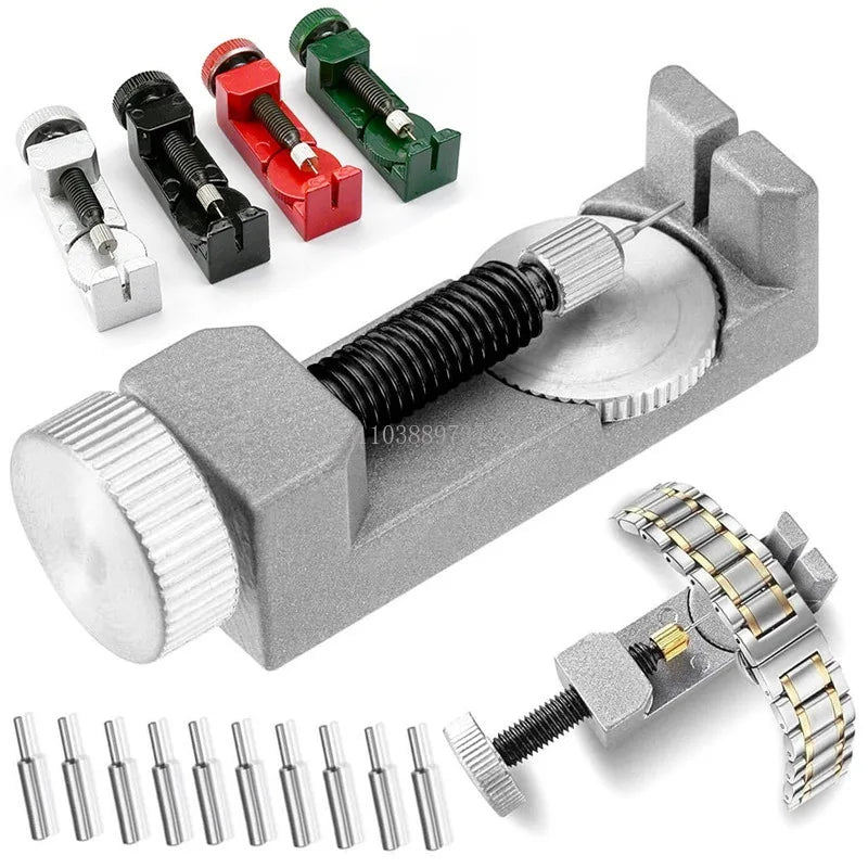 A kit of watch band link removers and pin extractors in various colors and sizes.