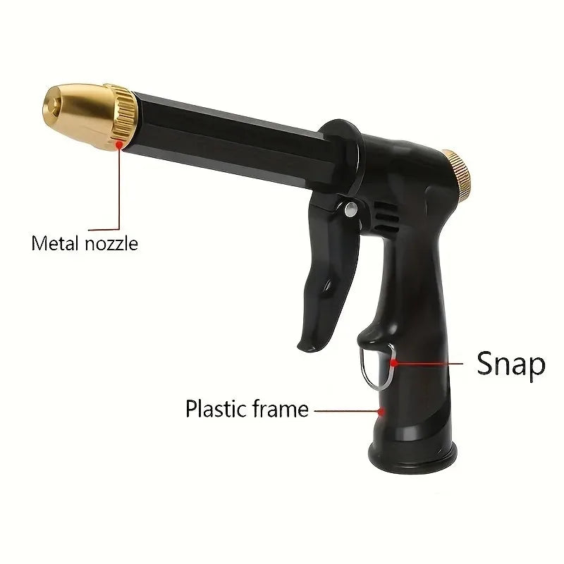 Black high-pressure car wash gun with a brass metal nozzle and plastic frame.