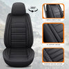 Black quilted leather car seat cover set showing various features like airbag compatibility and 3D support design