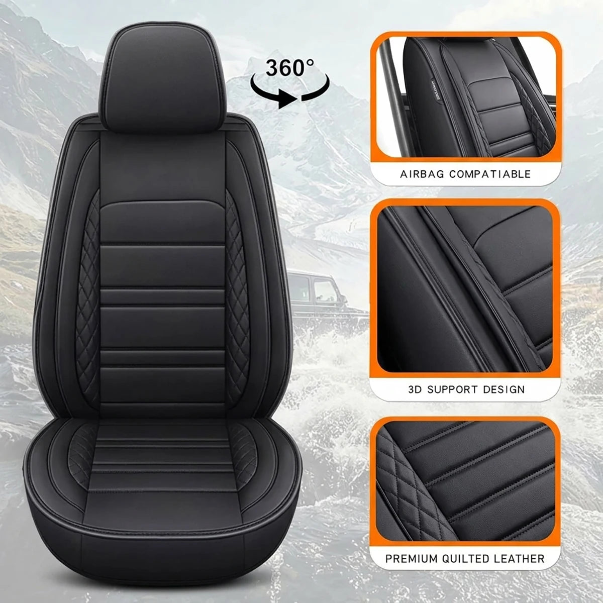 Black quilted leather car seat cover set showing various features like airbag compatibility and 3D support design