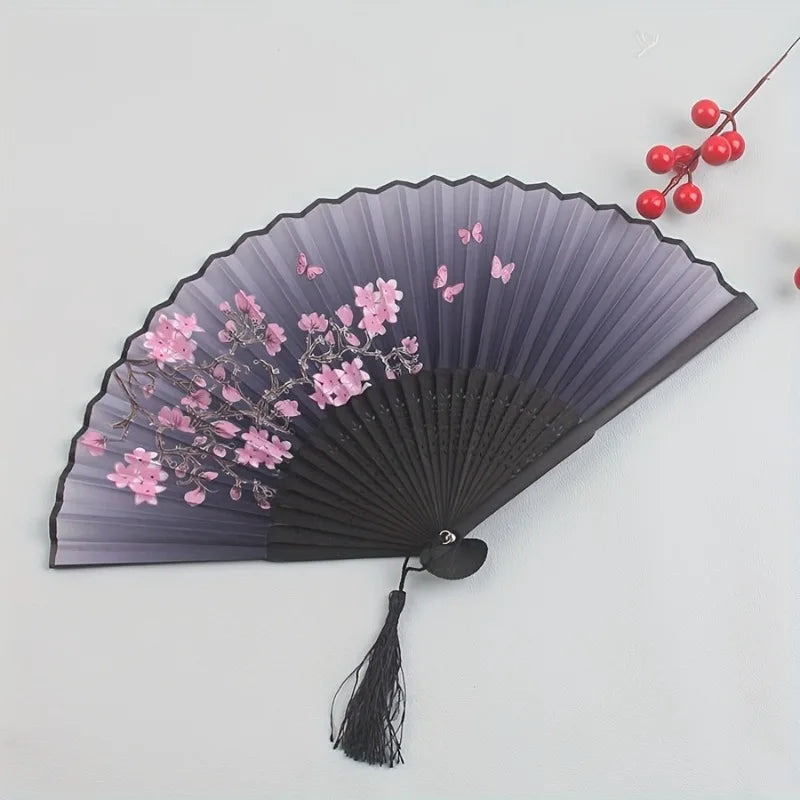 Vintage Floral Hand Fan with Cherry Blossom Artwork