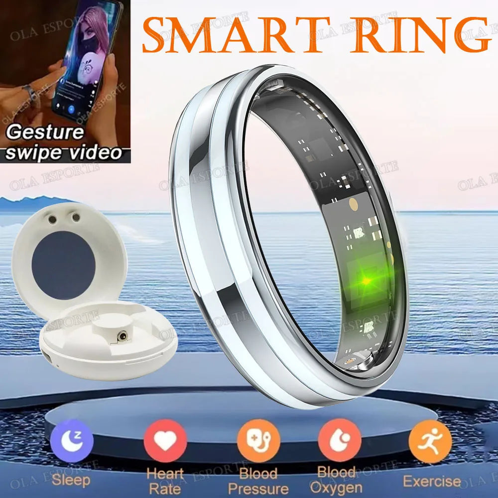 A silver smart ring is shown next to a white charging case, with icons for sleep, heart rate, blood pressure, oxygen, and exe
