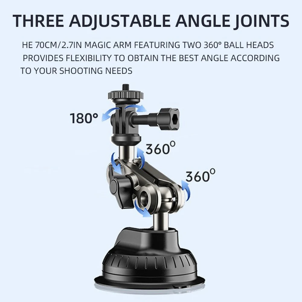 Black adjustable angle joints mounting a camera or phone on a tripod mount