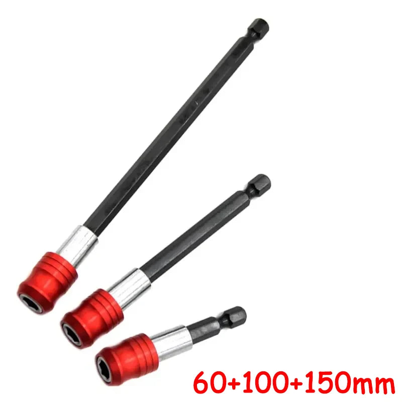 A set of black and red self-locking socket extension bars with lengths of 60, 100, and 150 mm.