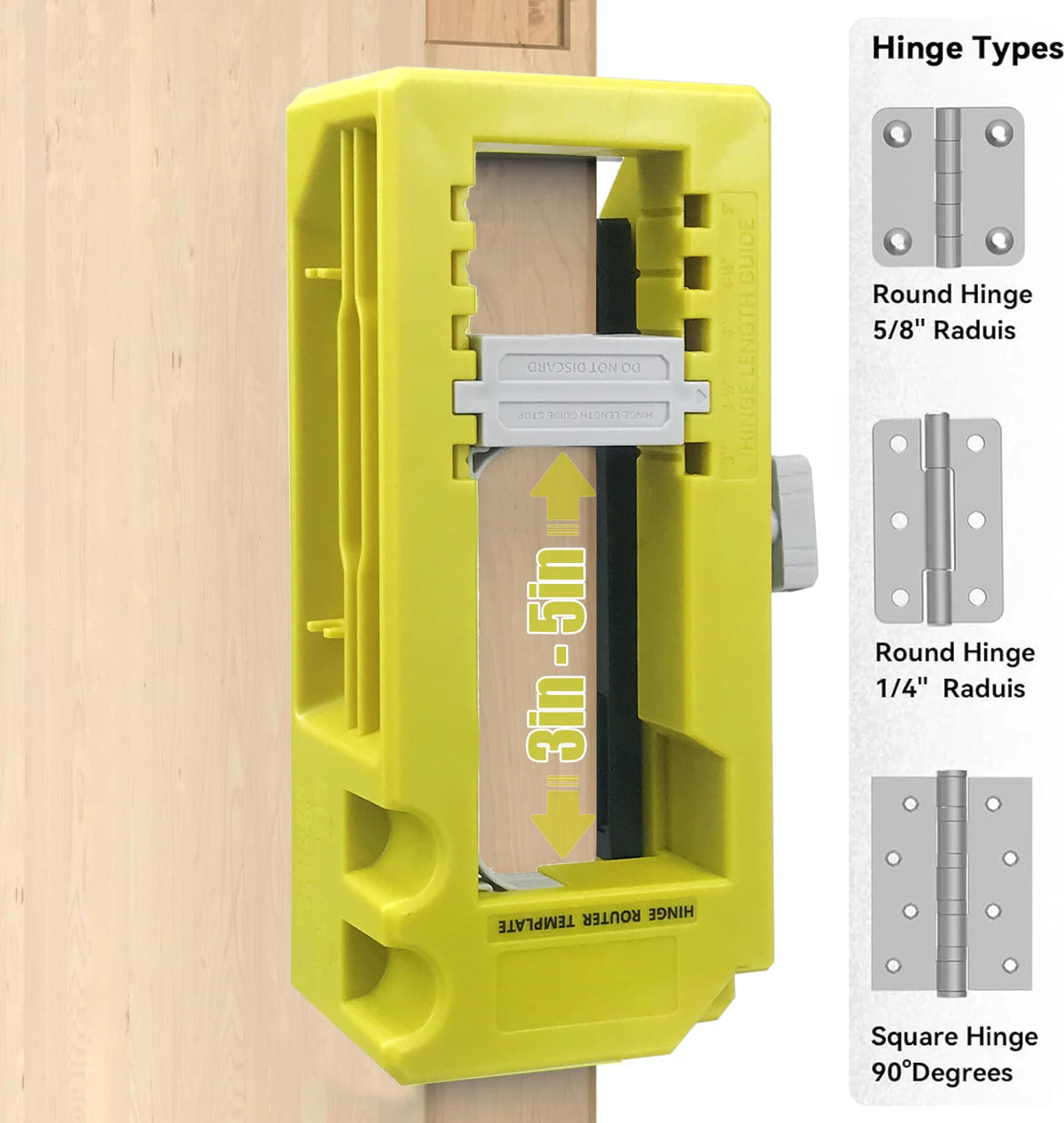 Yellow precision door hinge installation jig with various round and square hinge templates