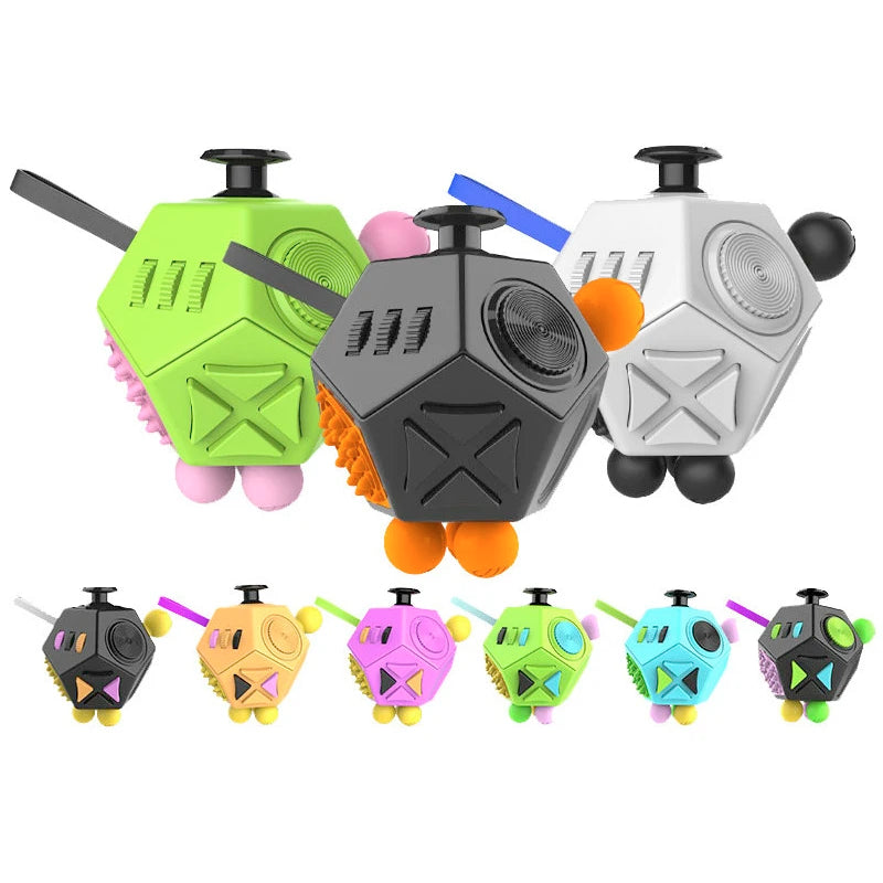 A set of six 12-sided fidget cubes in various colors including lime green, black, white, orange, purple, and teal.
