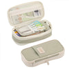 A light green fabric pencil case with a clear mesh top showing various writing instruments and supplies.