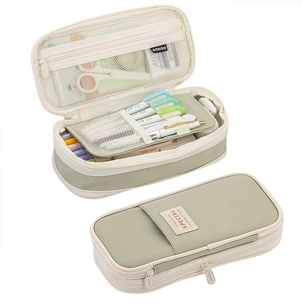 A light green fabric pencil case with a clear mesh top showing various writing instruments and supplies.