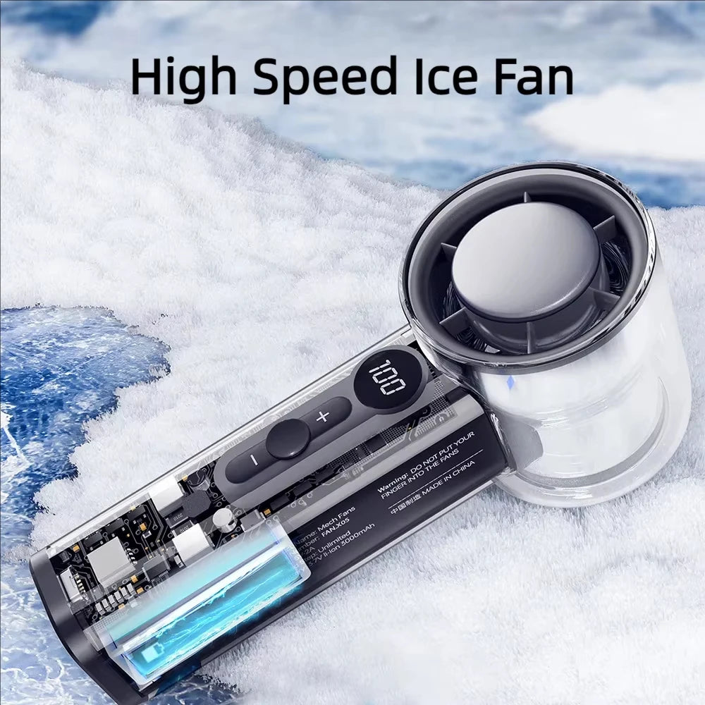A high speed ice fan is shown next to its base, set against a snowy background.