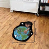 A black cartoon design of Juice WRLD 999 with a globe and stars printed on an area rug.