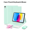 A light mint green case holding a tablet, a detachable wireless keyboard, and a matching mouse.