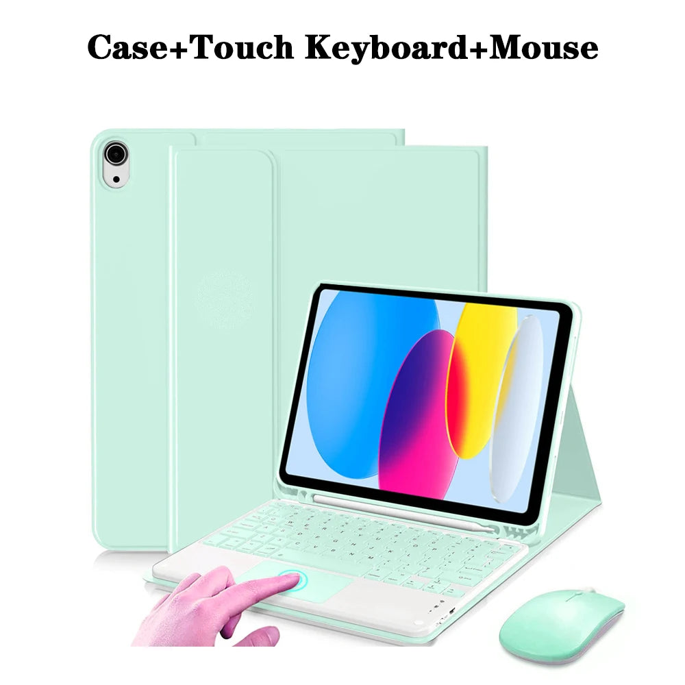A light mint green case holding a tablet, a detachable wireless keyboard, and a matching mouse.
