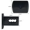 Black trailer hitch receiver plug cover shown in multiple views and dimensions.