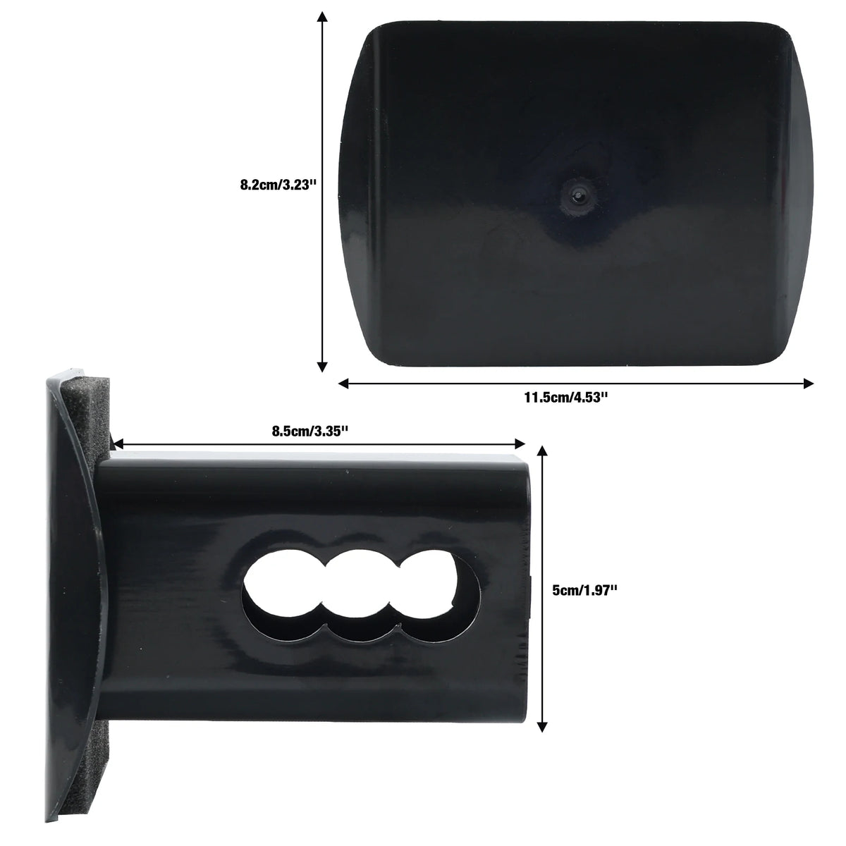 Black trailer hitch receiver plug cover shown in multiple views and dimensions.