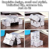 A silver metal infinity fidget cube shown from multiple angles on a wooden surface.