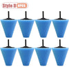 Set of eight blue drill polishing sponge cones for wheels and automotive detailing