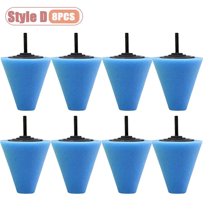 Set of eight blue drill polishing sponge cones for wheels and automotive detailing