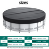 Various sizes of a round above-ground pool cover with drawstring for solar heating and debris protection shown in gray.