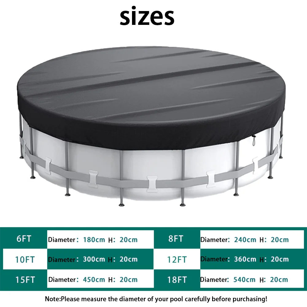 Various sizes of a round above-ground pool cover with drawstring for solar heating and debris protection shown in gray.