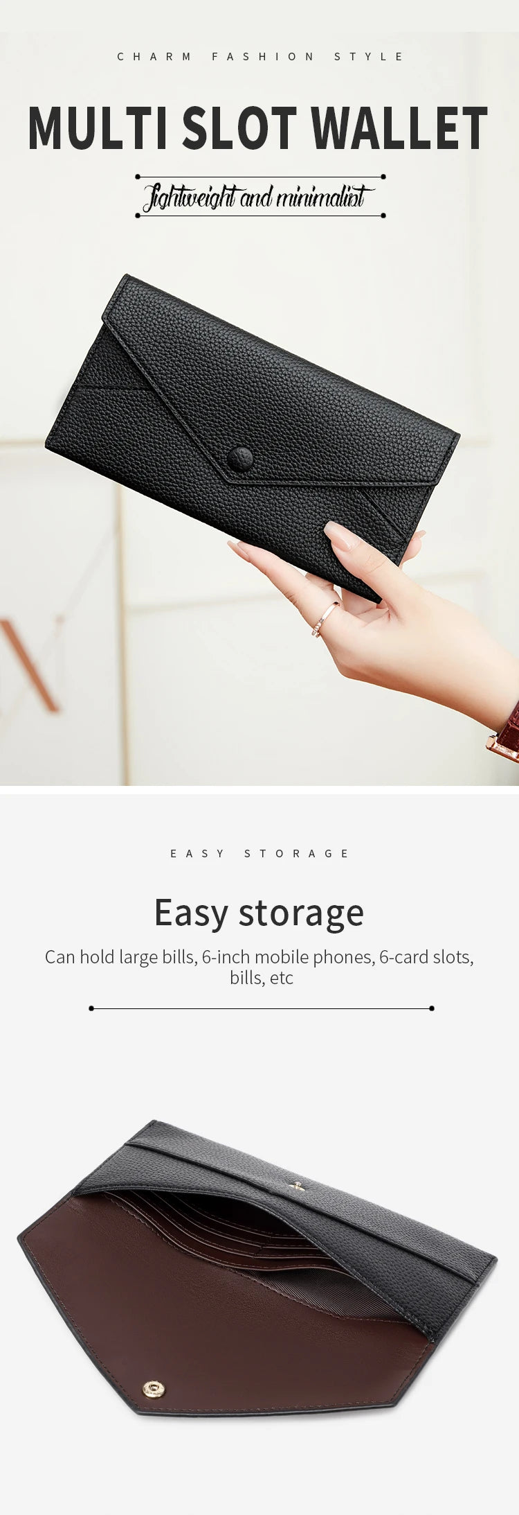 A close-up of a dark brown slim wallet with card slots shown from the side.