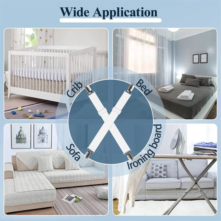 A set of four white adjustable elastic bed sheet corner straps used for securing bedding.