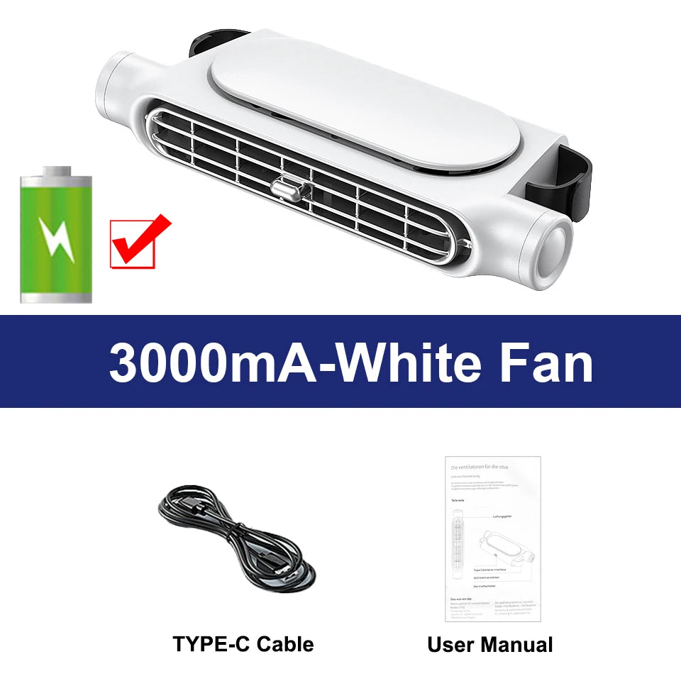 White portable car seat cooling fan with a Type-C cable and user manual.