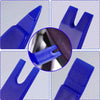 A blue car trim removal tool kit with various plastic tools and a storage bag shown in different angles.