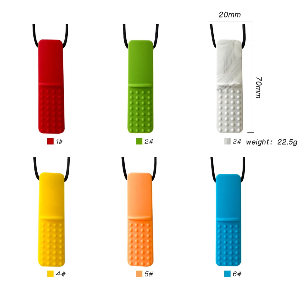 Six silicone sensory chew necklaces for kids in red, green, white, yellow, orange, and blue.
